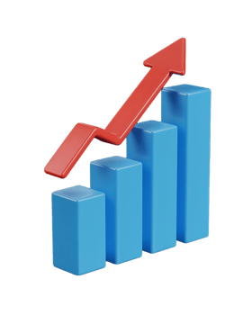 A red arrow is going up on a bar chart png