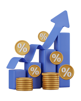 Gold coins and a graph with a percentage sign png