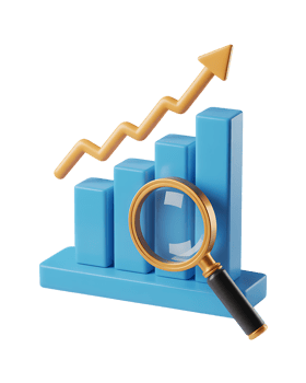 Examining business growth with a magnifying glass focused on a rising bar graph and arrow, isolated on a black background. png
