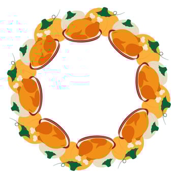 Multicolored Pumpkins and Fried Turkey on Plate Circle Frame Border Thanksgiving Copy space Template. Isolated illustration Autumn Holiday Themes Card Party Invite or banner, leaflet, price tag vector