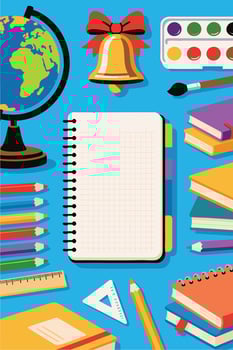 School supplies on a colorful desk with globe, notebooks, and art materials ready for a new academic year vector