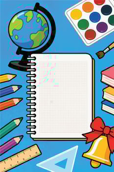 School supplies surround a blank notebook and globe on a vibrant blue background ready for the new academic year vector