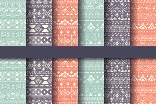 Set of six ethnic seamless patterns. Aztec geometric backgrounds. Stylish navajo design illustration. Swatches are included vector