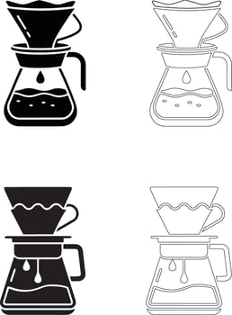 coffee day pour over coffee dripper carafe silhouette outline 2x2 grid illustration set vector