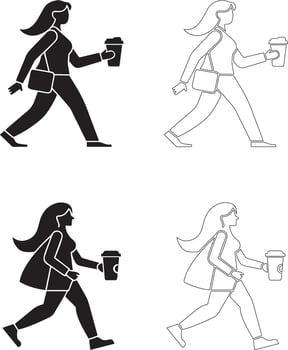 Coffee Day Walking Person Holding Coffee Cup Icon Set Four Variations Silhouette and Outline vector