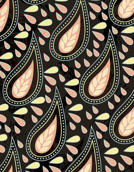 Paisley Drop Pattern with Folk Leaf Motif on Dark Background Vintage Boho Style vector