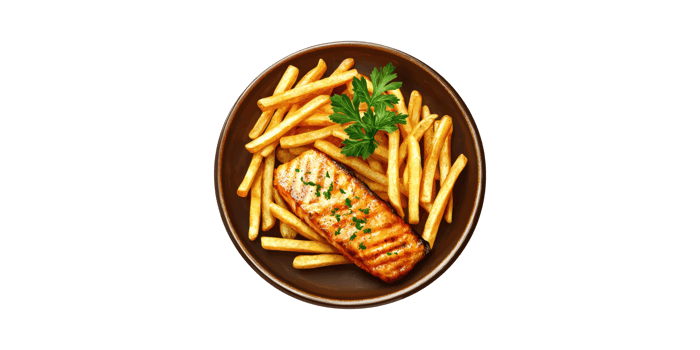 Grilled Salmon With French Fries And Parsley Garnish Brown Plate. Delicious Seafood Meal Isolated On Transparent Background png