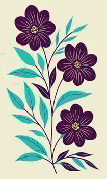Floral illustration featuring dark purple flowers and teal leaves vector