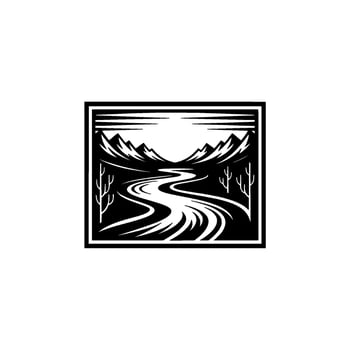 Mountain River Silhouette, Vintage Exploration Emblem - Mountains vector