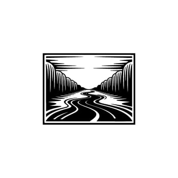 Serene River Vista - Black White Landscape Emblem vector