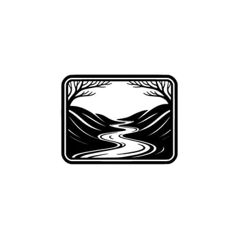 Mountain River Silhouette, Vintage Exploration Emblem - Minimalist vector