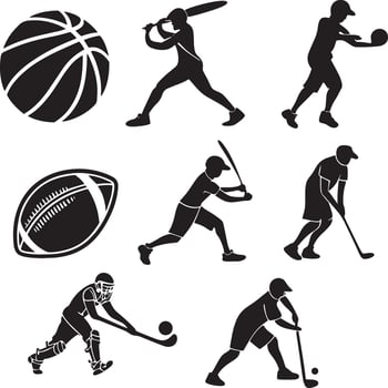 Collection of black silhouettes depicting athletes engaged in various popular sports and games vector