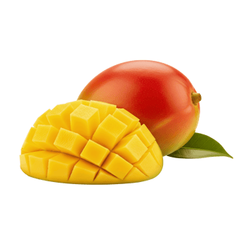 Fresh ripe mango fruit with cubed flesh and green leaf isolated on transparent background png