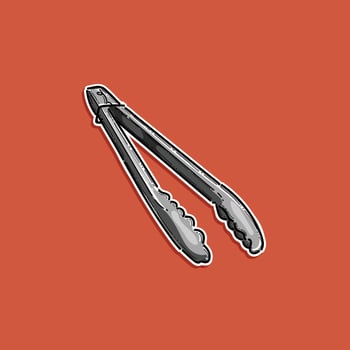 Illustration of Metal Kitchen Tongs Placed on a Solid Orange Background. Perfect for culinary concepts, kitchen tools, or cooking themes. vector