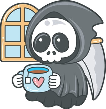 Skull enjoy with tea. Angel of death cute elements. vector