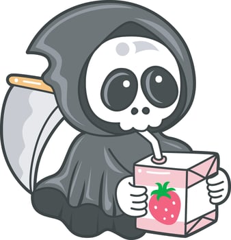 Skull drinking a strawberry milk. Angel of death cute elements. vector