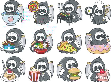 Skull in the variation of fast food and dessert. Angel of death cute elements. vector