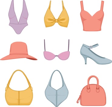 A collection of stylish women s fashion items including swimwear tops a hat shoes and handbags in various colors vector