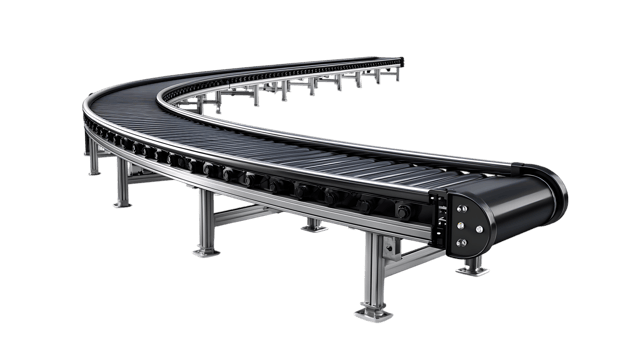 Curved industrial roller conveyor system isolated on transparent background png