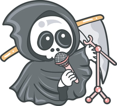 Skull sing a song with microphone. Angel of death cute elements. vector