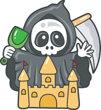 Skull playing a sand castle. Angel of death cute elements. vector