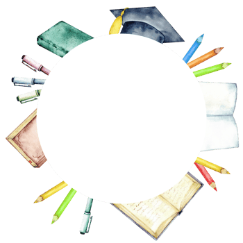 Creative back to school round frame with books, pencils, and graduation cap. Start of school year. Circle template. Copy space. Watercolor illustration. Hand drawn. Isolated. Free space for text png