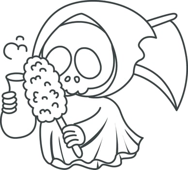 Outline of skull cleaning the vase with feather duster. Coloring pages of cute skull. vector
