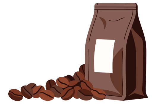 Fresh Aromatic Coffee Beans in a Bag with Spilled Beans for a Morning Beverage Experience Full of Caffeine and Rich Aroma png