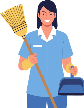 Happy Domestic Cleaner Holding Broom and Dustpan in Blue Uniform Illustrating Home Hygiene and Sanitation Services png