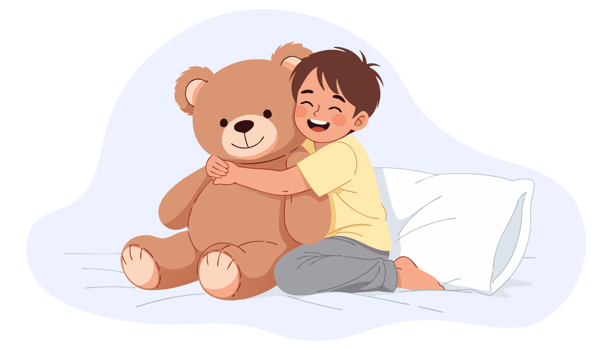 Heartwarming Moment of a Young Boy Embracing His Comforting Teddy Bear, Symbolizing Friendship and Innocent Childhood Joy png