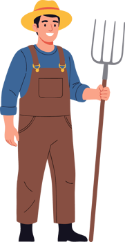 Cheerful Farmer Holding a Pitchfork in Overalls Against a White Background, Representing Agriculture and Rural Lifestyle Concepts in Farming png