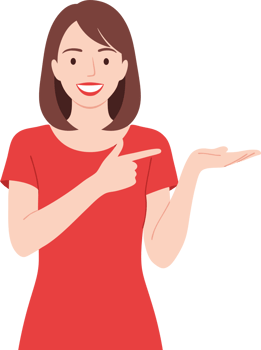 Happy woman pointing to an open palm with a welcoming gesture in a casual red shirt, perfect for promoting ideas, messages, or products in marketing materials png