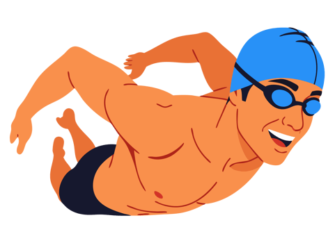 Happy Male Swimmer in Action Showcasing Aquatic Fitness and Active Lifestyle with a Vibrant Blue Swim Cap and Enthusiastic Expression png