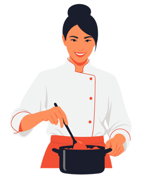 Professional Female Chef in Kitchen Smiling While Preparing Delicious Dish with Passion for Culinary Arts png