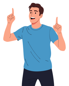 Cheerful Man Excitedly Pointing Upwards Celebrating a Bright Idea and Solution with a Happy Expression in a Vibrant Setting png