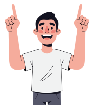 Cheerful Young Man with a Bright Smile Pointing Upward, Celebrating an Idea and Expressing Happiness and Enthusiasm in a Fun Design png