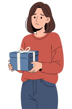 Sad Woman Holding Unwanted Gift, Expressing Disappointment and Emotional Pain in a Heartfelt Moment of Regret and Heartbreak png