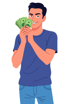 Happy man holding money excited about wealth and financial success demonstrating income and profit in a cheerful and engaging manner png