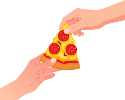 Hands Exchanging a Slice of Pizza Representing Generosity and Friendship During a Shared Meal Experience png