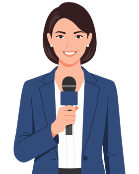 Female Reporter Holding Microphone for News Interview in Professional Attire with Friendly Smile and Engaging Expression Suitable for Media Projects png