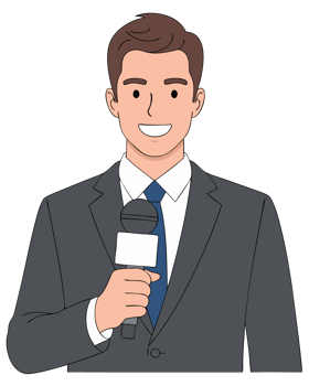Cheerful Male Reporter Holding Microphone in Suit Ready for News Broadcast and Media Coverage png