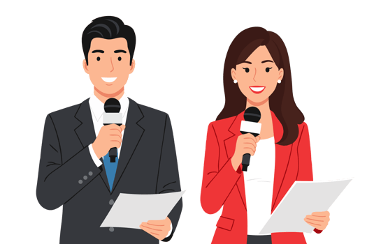 Male and Female News Anchors Presenting News on Camera with Microphones and Scripts in a Professional Studio Setting png