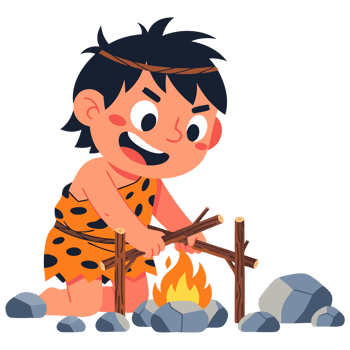 A Determined Caveman Discovering Fire for Survival in a Primitive Environment, Engaging in an Ancient and Essential Skill for Life png