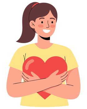 Woman Embracing Large Heart Symbolizing Love, Happiness, and Emotional Well-Being in Bright Illustrated Artwork png