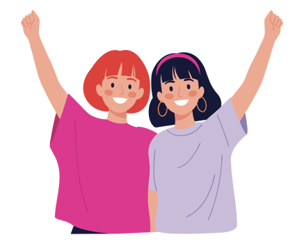 Joyful Young Women Celebrating Friendship and Teamwork with Cheerful Expressions and Raised Arms in a Vibrant Collaboration Setting png