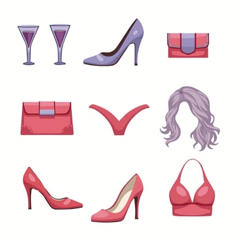 stylish female fashion accessories including shoes handbags drinks and a wig vector