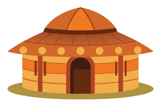 Charming Orange Hut Illustration A Whimsical Round House in a Serene Setting, Perfect for Childrens Books and Tribal Decor vector