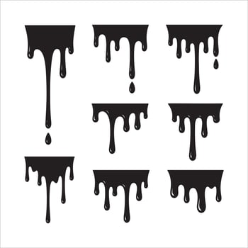 Collection of black dripping liquid shapes and droplets on white background vector