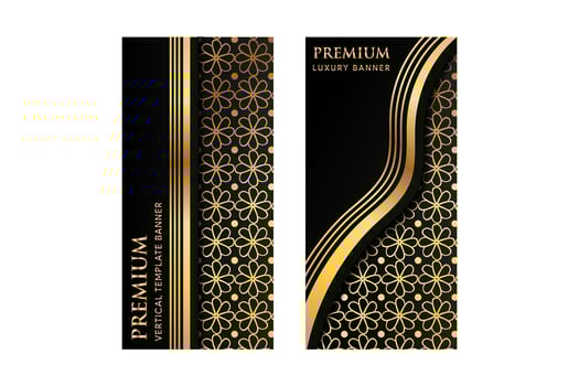 set of design vertical banner, luxury packaging for the product. Vertical gold cards on a black background. Templates vintage ornament straight and wave line. flower pattern element. vector