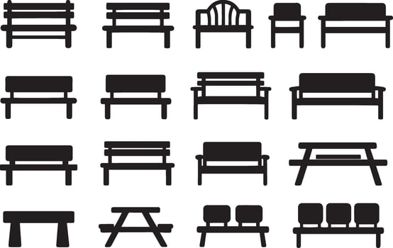 Various park benches and picnic tables seating vector
